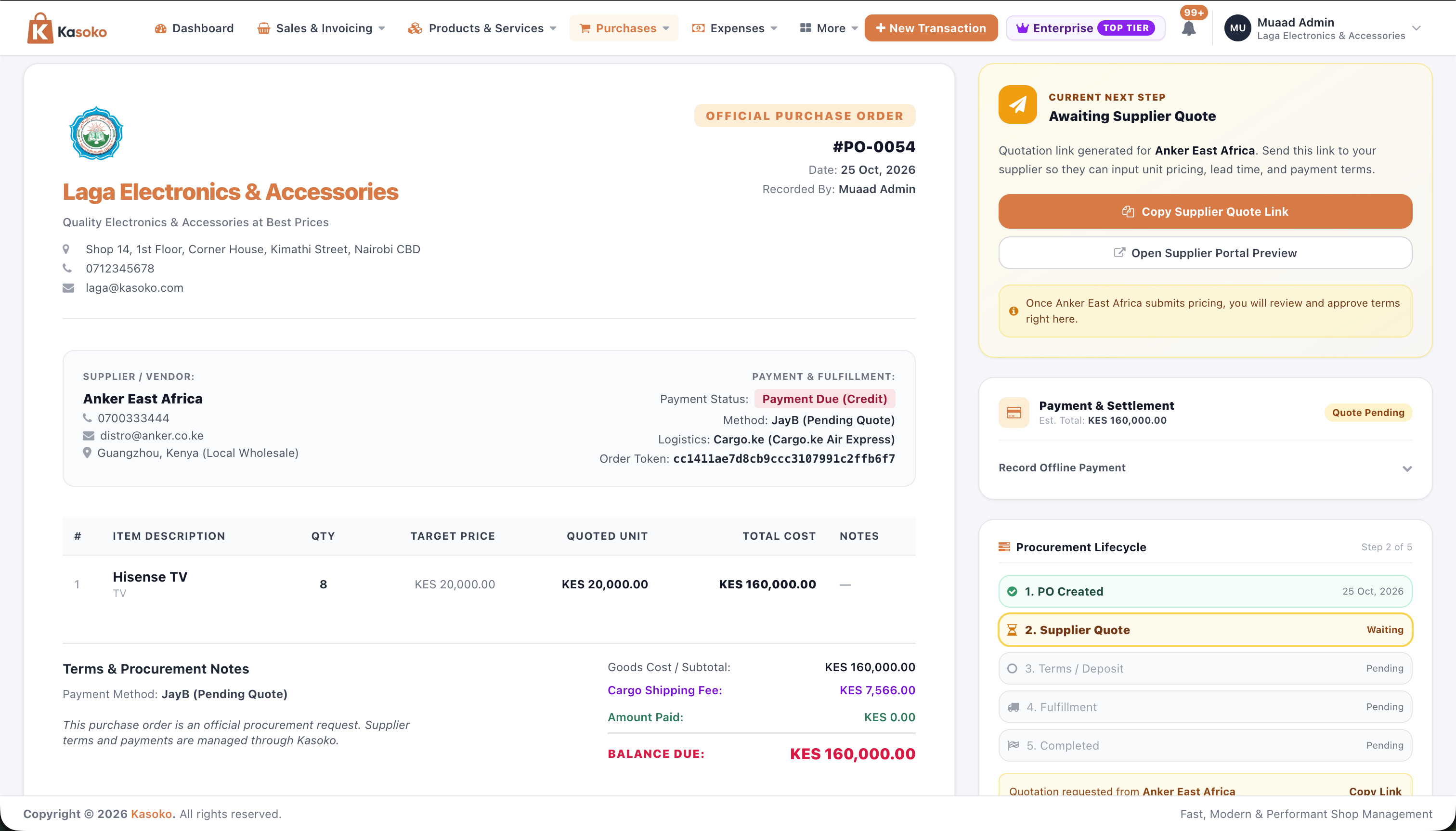 Kasoko Purchase Order #PO-0054 showing Goods Cost, Cargo Shipping Fee, Copy Supplier Quote Link, and 5-Stage Progress